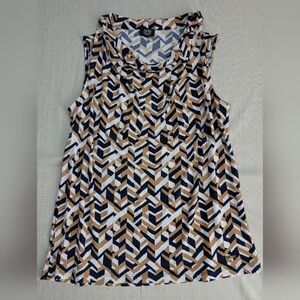 Jones New York Women's Sleeveless Stretch Geometric Blouse Tan/White/Navy Size L